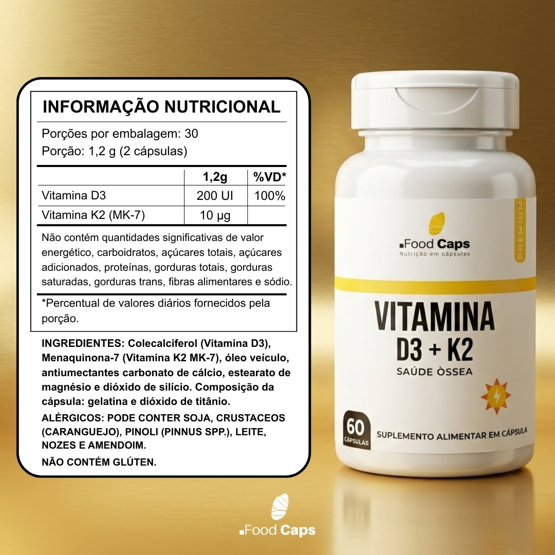 Suplemento de vitamina d3 com k2 premium em cápsulas - Foodcaps premium