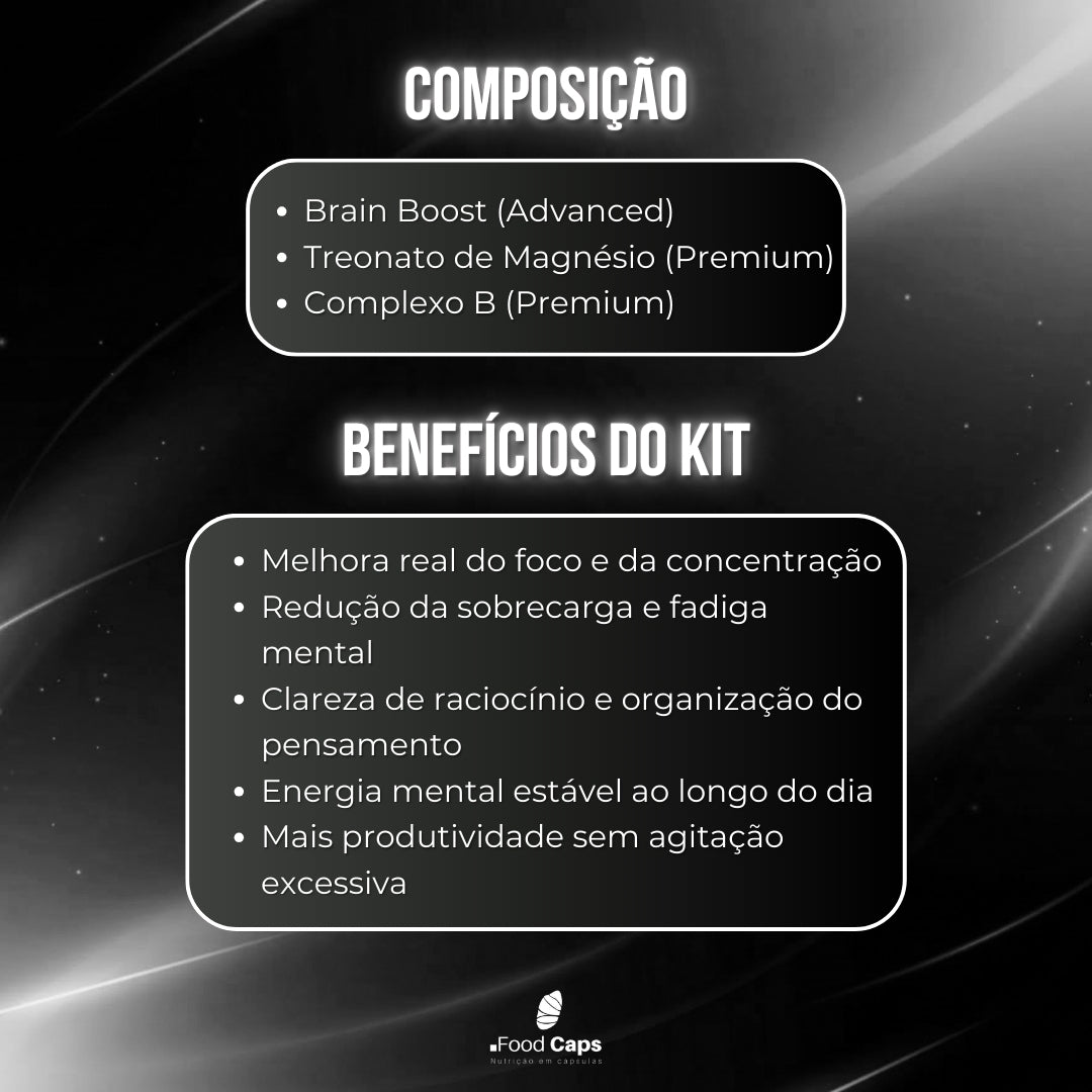Suplementos para foco e performance cognitiva premium em cápsulas - Kit Foco & Produtividade Foodcaps premium