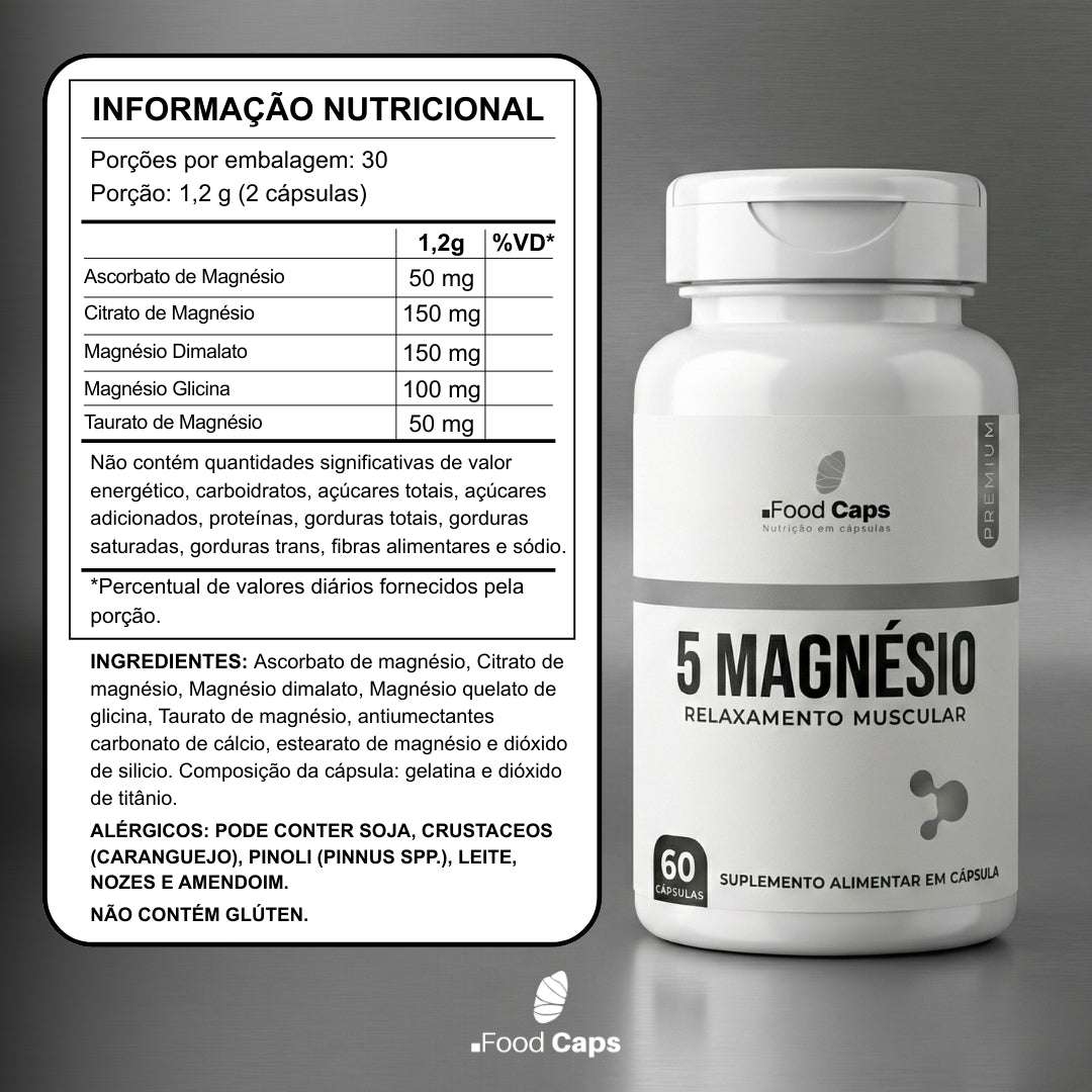 Suplemento de 5 magnésios premium em cápsulas - Foodcaps premium